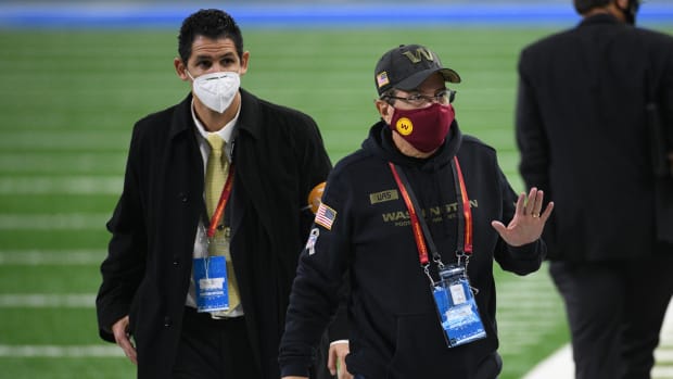 Nov 15, 2020; Detroit, Michigan, USA; Washington Football Team owner Daniel Snyder reacts before a game against the Detroit Lions at Ford Field. Mandatory Credit: Tim Fuller-USA TODAY Sports